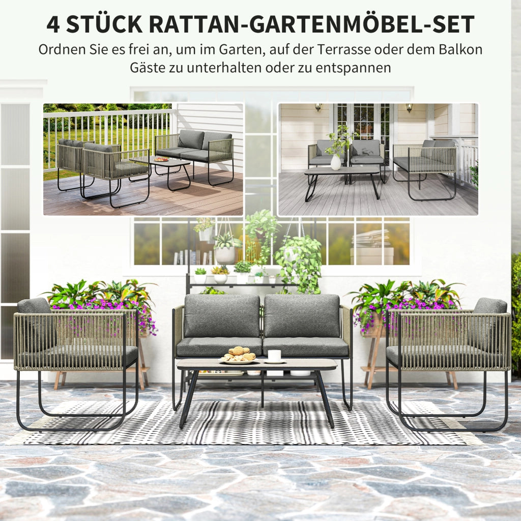 Set Lounge Polyrattan Esterno con Divano, Poltrona, Tavolino e Cuscini ¨C zephmum ¨C Marrone + Grigio Scuro 116x60x69 cm