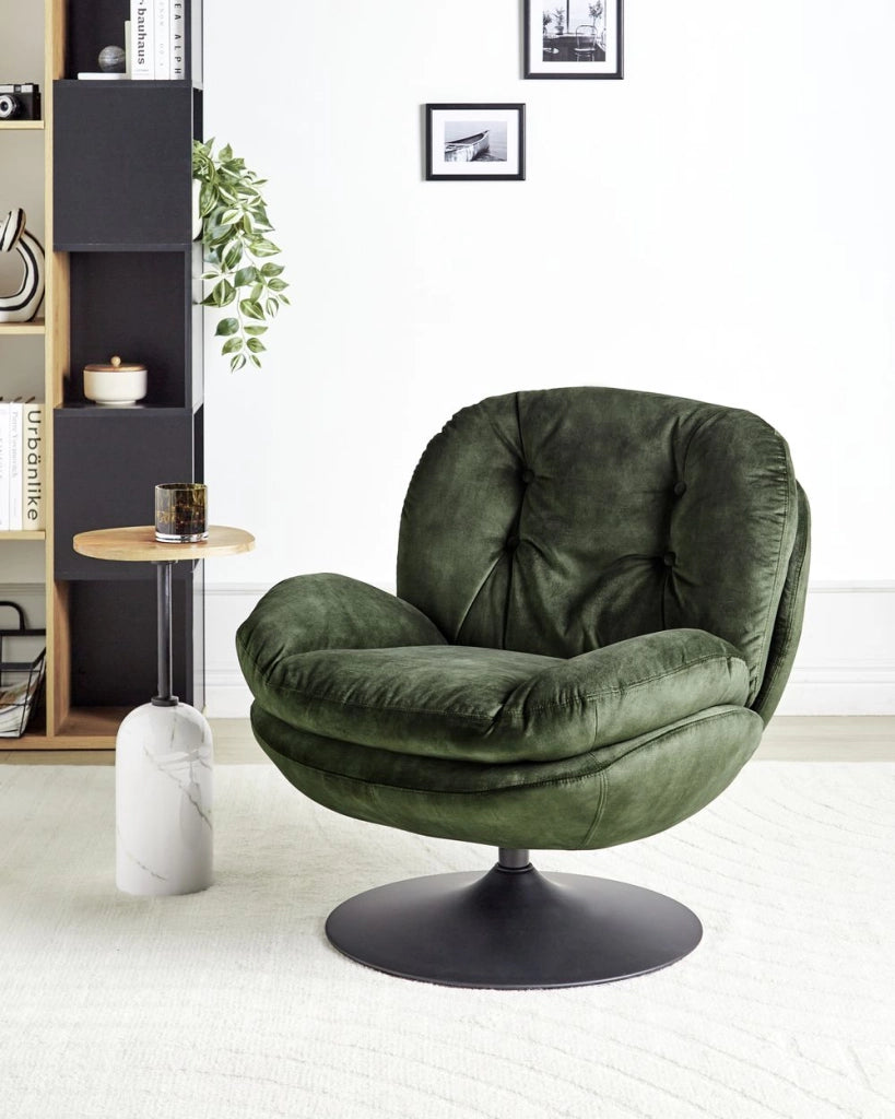 Poltrona girevole Velluto verde scuro Base singola con sedile imbottito Button Tufted