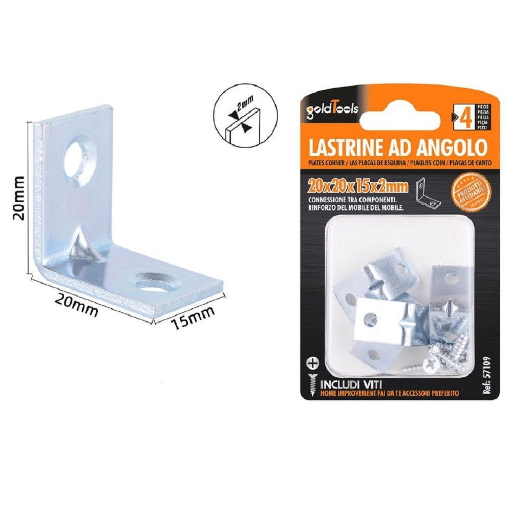 Trade Shop - Set 4 Pezzi Lastrine Lastrina Ad Angolo 20x20x15x2mm Con Viti Per Mobili 57109 -