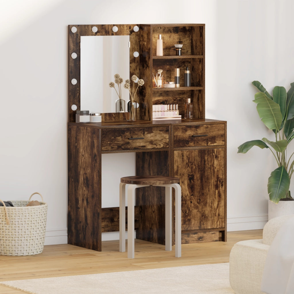 Set di Toeletta in 2 Pezzi con LED in Rovere Affumicato e Legno Ingegnerizzato
