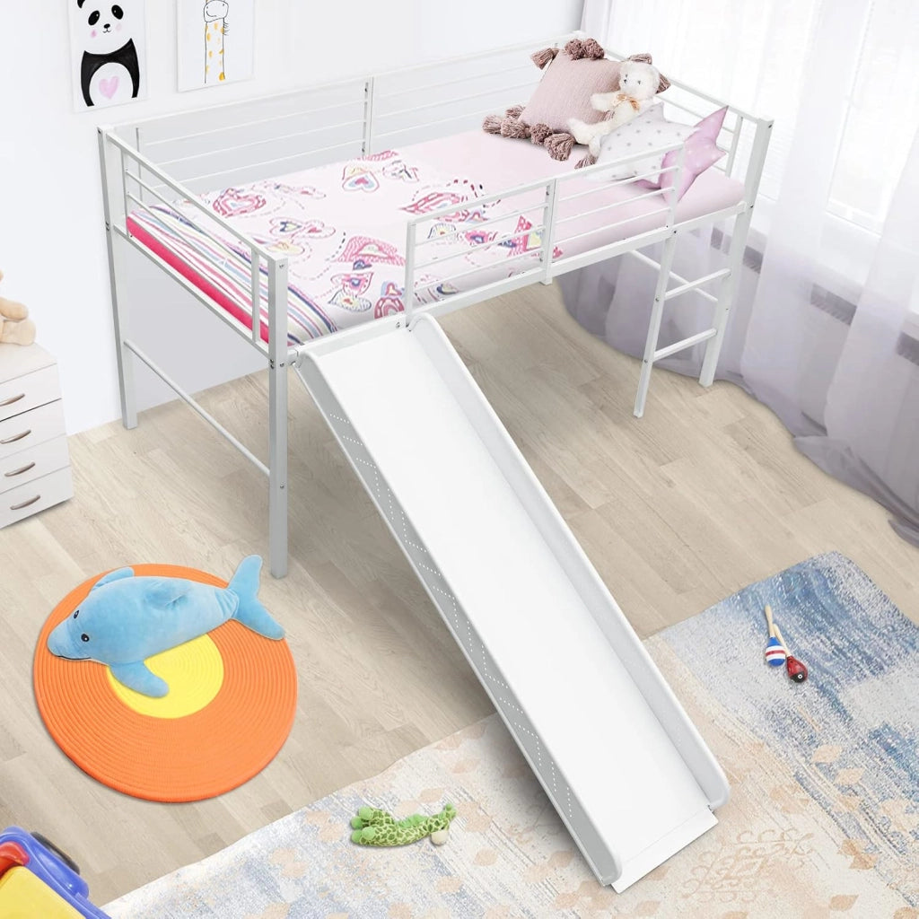 Letto a Soppalco per Bambini con Scivolo E Protezione Anticaduta e Scaletta, Struttura Letto in Metallo 96x198x109cm, Letto a Castello con Rete a Doghe, Fino a 150 kg (Bianco)
