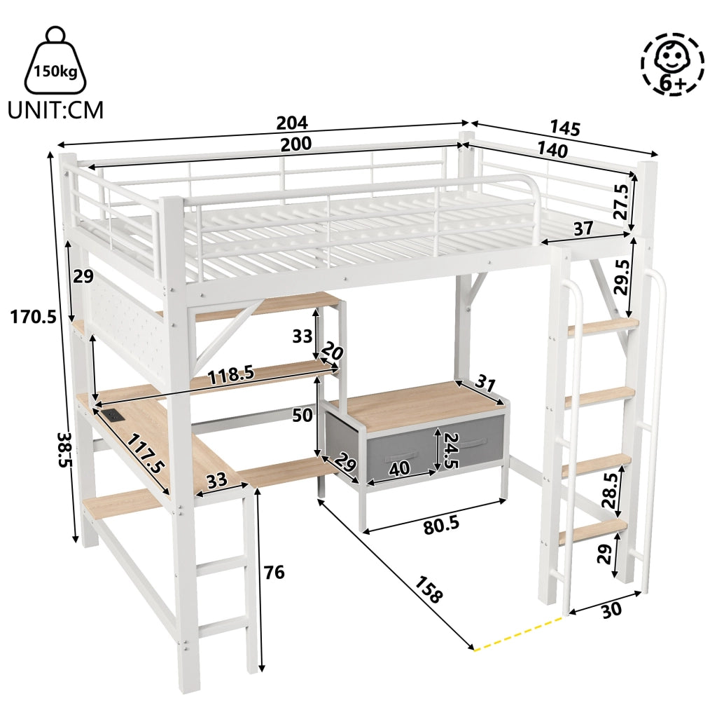 Letto a castello 140x200 cm in metallo e MDF con scrivania; LED; USB e contenitori; bianco