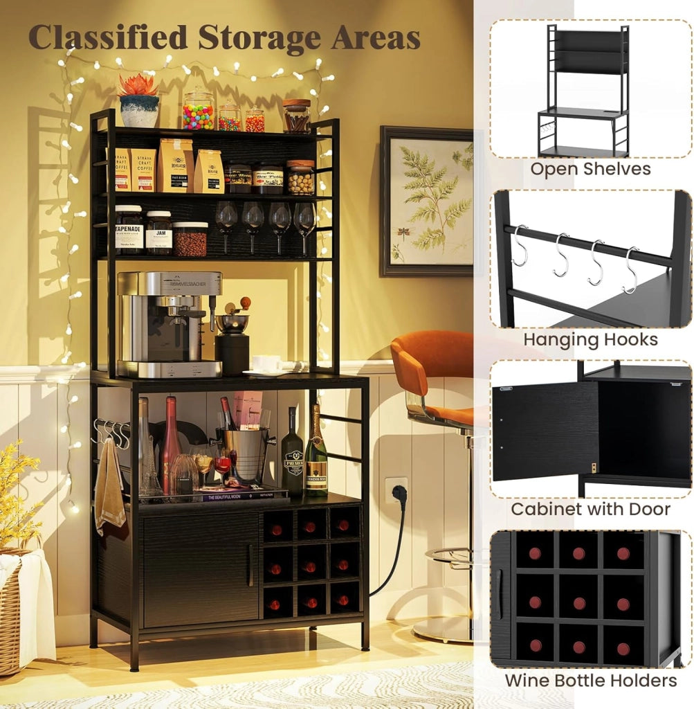Scaffale da Cucina con Stazione di Ricarica, Scaffale Verticale su Piedi, 1 Armadio con Porta e Portabottiglie per 9 Bottiglie, Scaffale Portaoggetti, 80 x 40 x 170 cm (Nero)