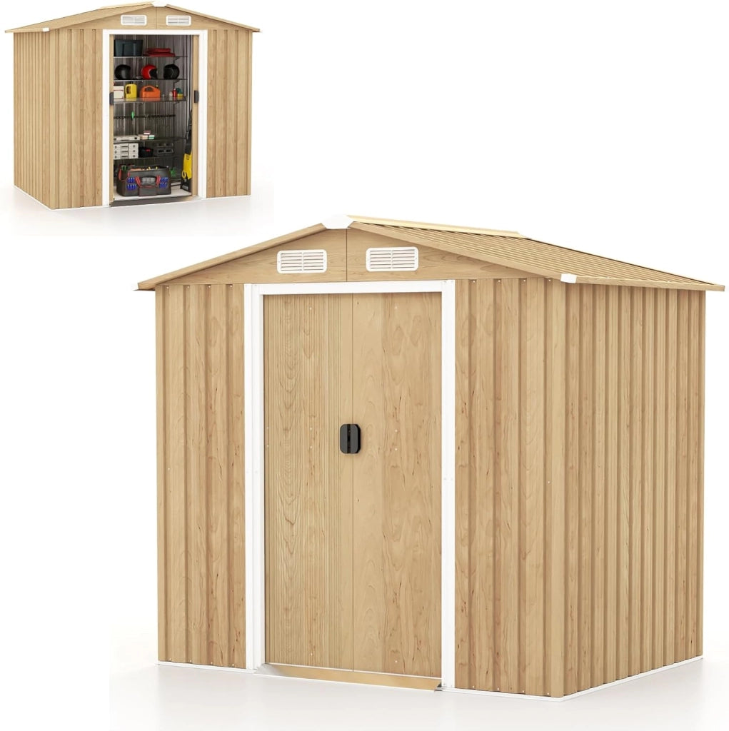 Casetta da Esterno 2,34㎡, Capanno Porta Attrezzi con Porte Scorrevoli, Maniglie, Sfoghi e Tettoia, Casetta da Giardino in Lamiera di Acciaio e Lamiera Zincata (196 x 142 x 186 cm)