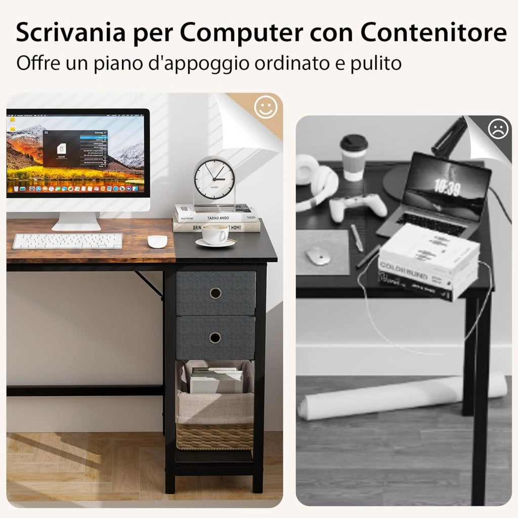 Scrivania da 120CM/140CM con 2 Cassetti, Gancio e Ripiano, Moderna e Multiuso per Studio, Ufficio e Camera da Letto, Marrone Rustico e Nero (140 x 75 x 60 cm)