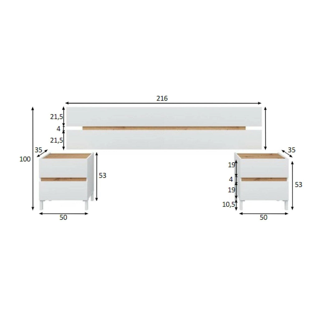 Testiera letto Dado, Spalliera, Testata per camera da letto, Poggiatesta, 216x3 h47 cm, Bianco e Rovere Nodi