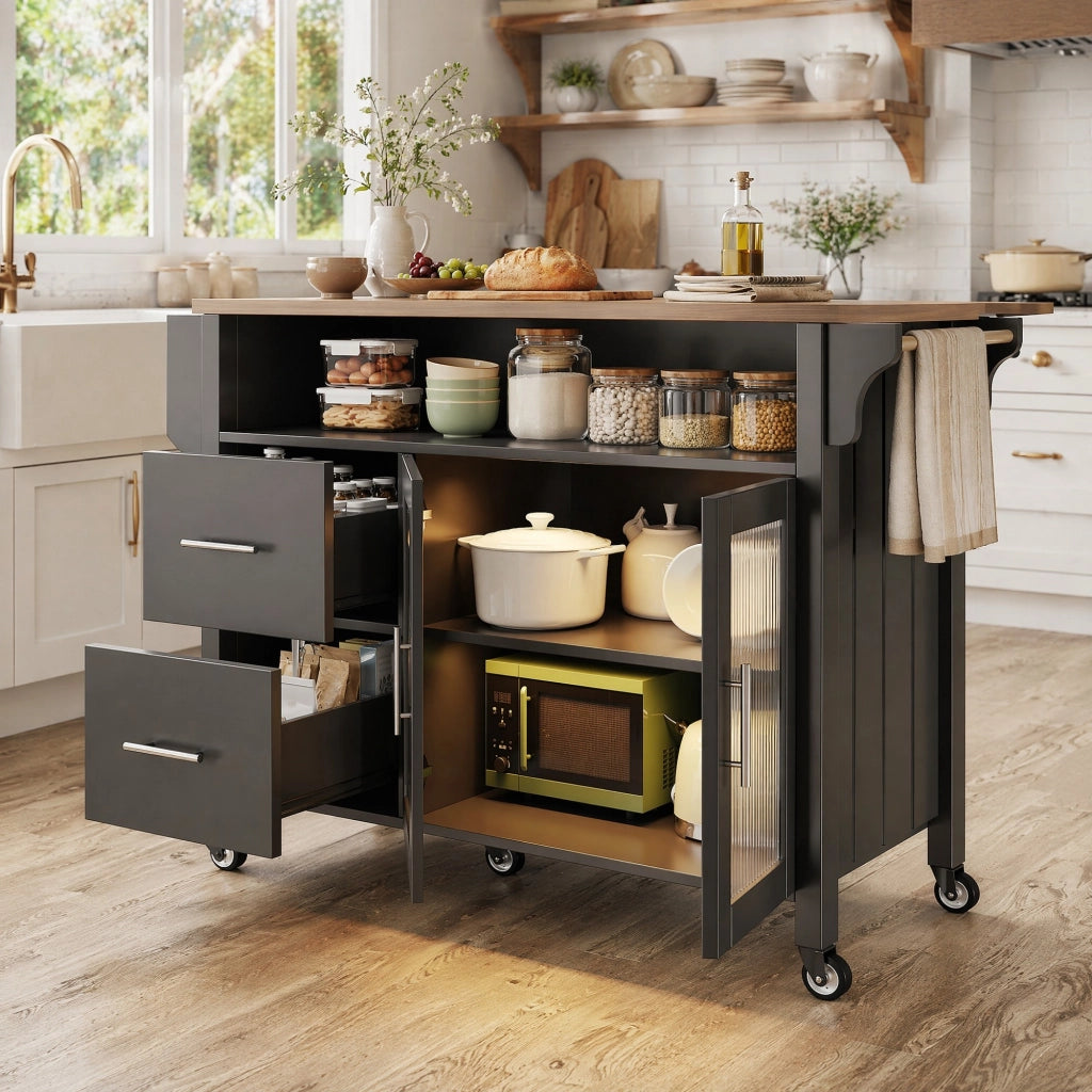 CARRELLO CUCINA 139x40x94 cm Nero MDF con LED e ruote