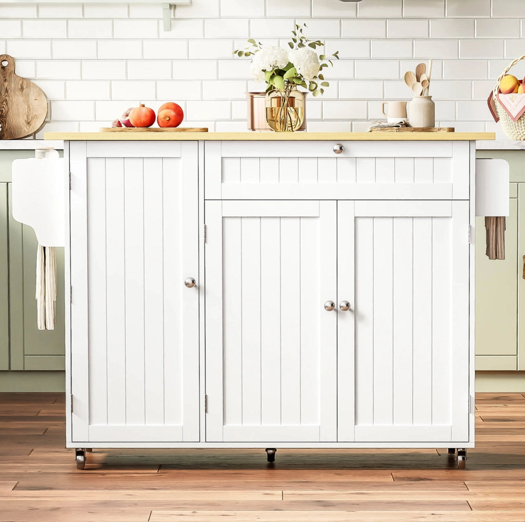 Carrello cucina 120x45(70)x92 cm con piano ribaltabile in MDF naturale e bianco