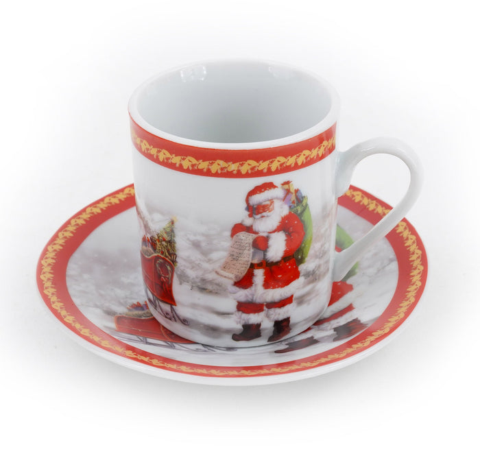 Set da Caffè 6 Tazzine e 6 Piattini di Natale in Ceramica