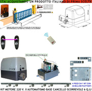 Automazione Cancello Scorrevole da 6 Q.li Kit Motore Elettrico 230 V Con Centrale Radiocomando Faro Fotocellula 4 Metri di Cremagliera in Nylon Fine Corsa Accessori Fissaggio Condensatore Pignone Z12
