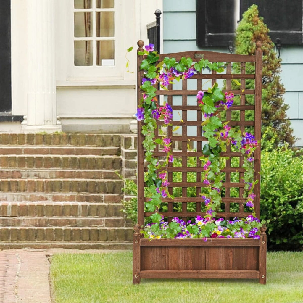 Fioriera da Esterno in Legno Massiccio con Traliccio, Letto Rialzato con Grigliato per Piante Rampicanti e Fiori, Fioriera Resistente alle Intemperie per Giardino, Patio e Cortile