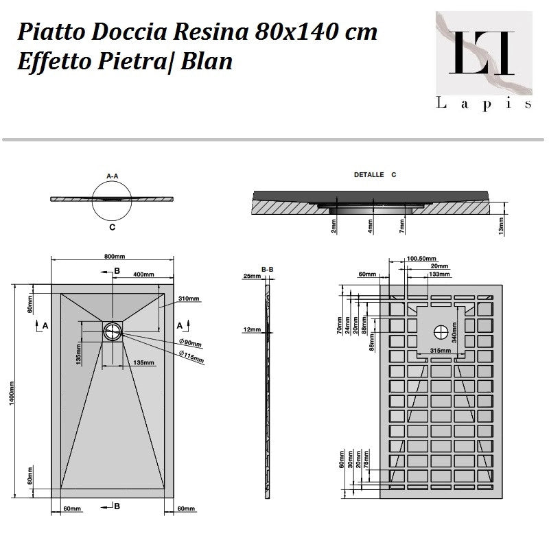Piatto Doccia Resina 80x140 cm Bianco Effetto Pietra| Blan