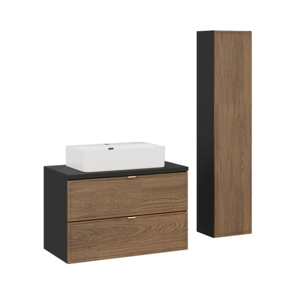 Set SAVIA : mobile sottolavabo 80cm + lavabo bianco da appoggio + colonna di stoccaggio