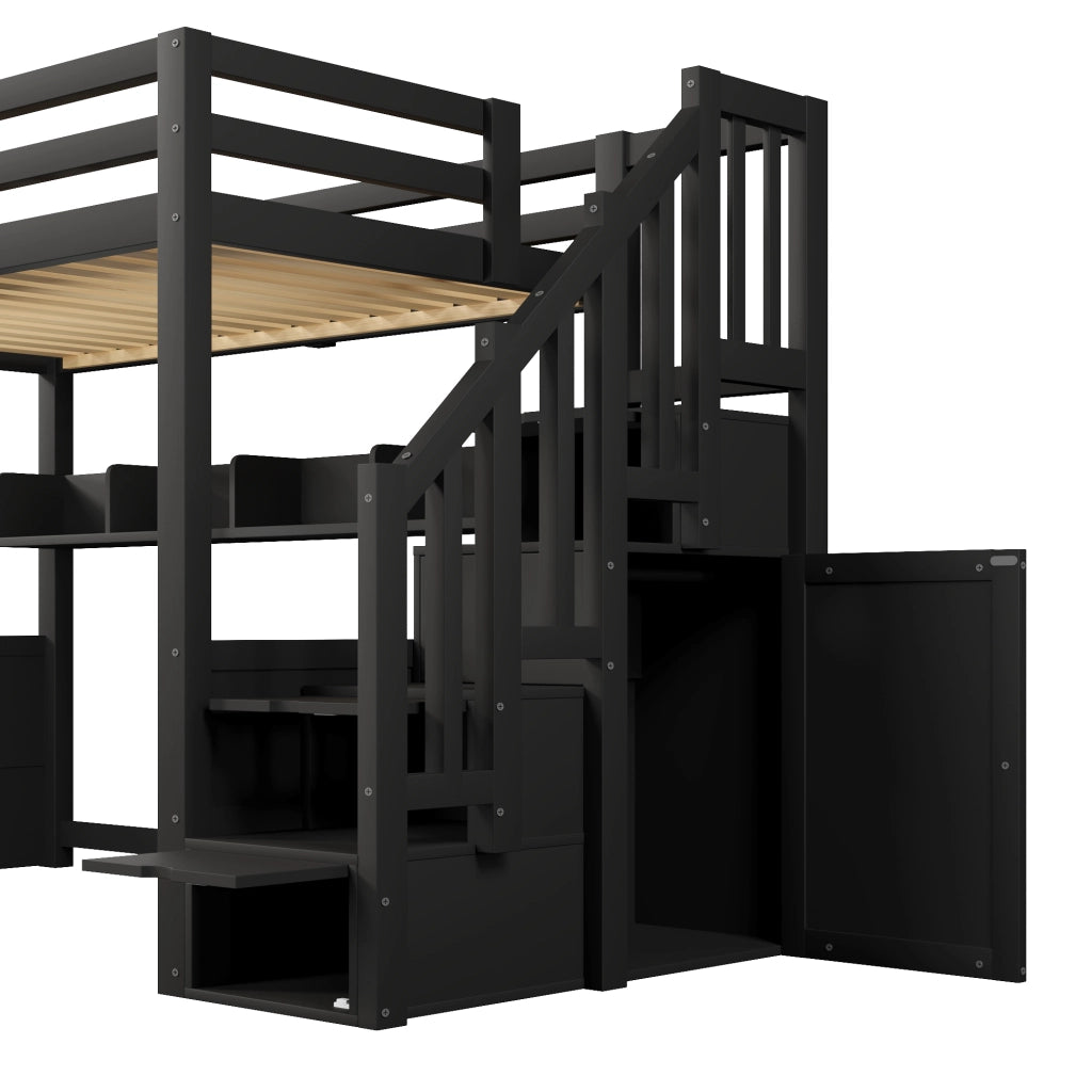 Letto a soppalco 90x200 cm con armadio; scala contenitore; 4 vani e illuminazione LED; pino e MDF; nero