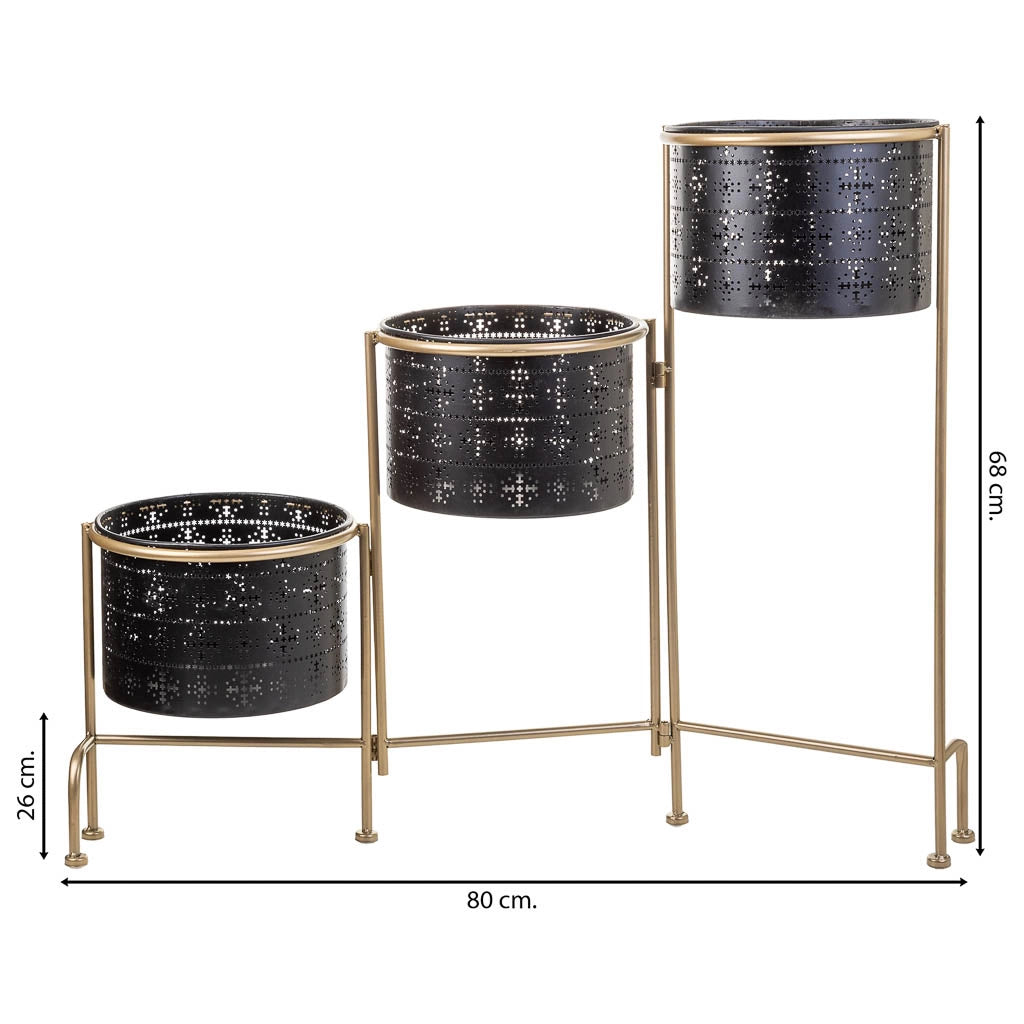 Supporto in metallo con 3 fioriere in metallo nero 80x26x68