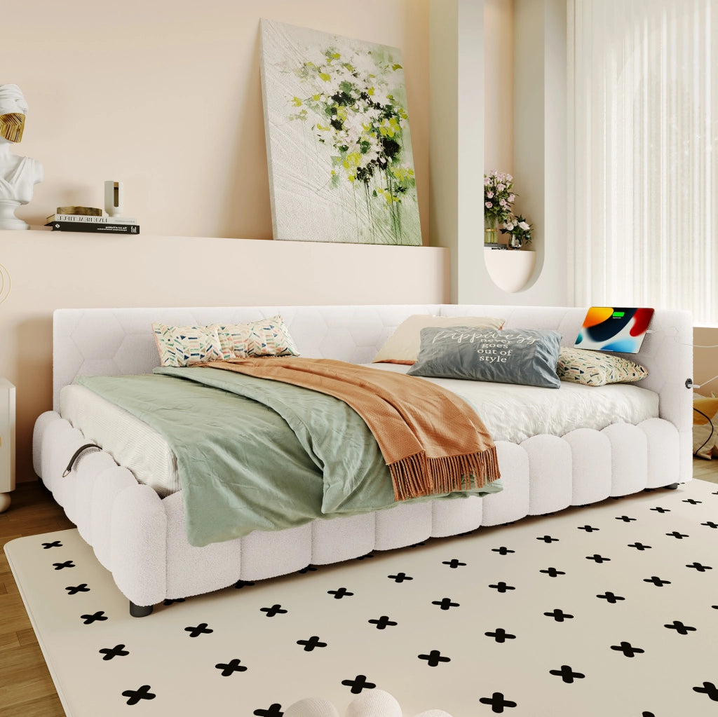 Letto a una piazza e mezza 140x200 cm con contenitore, LED, USB e Tipo C, Bianco