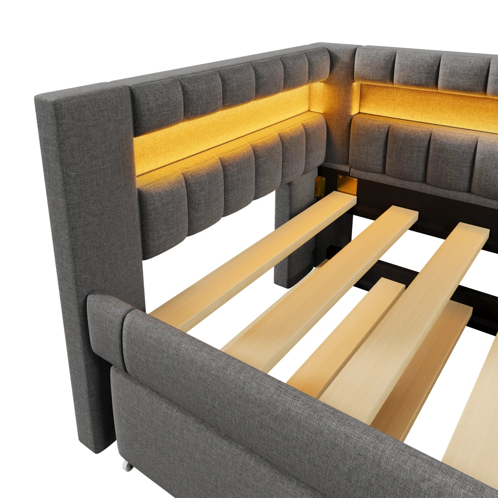 Letto estraibile singolo 90×200 cm con LED; USB e Type-C; senza materasso; lino; grigio
