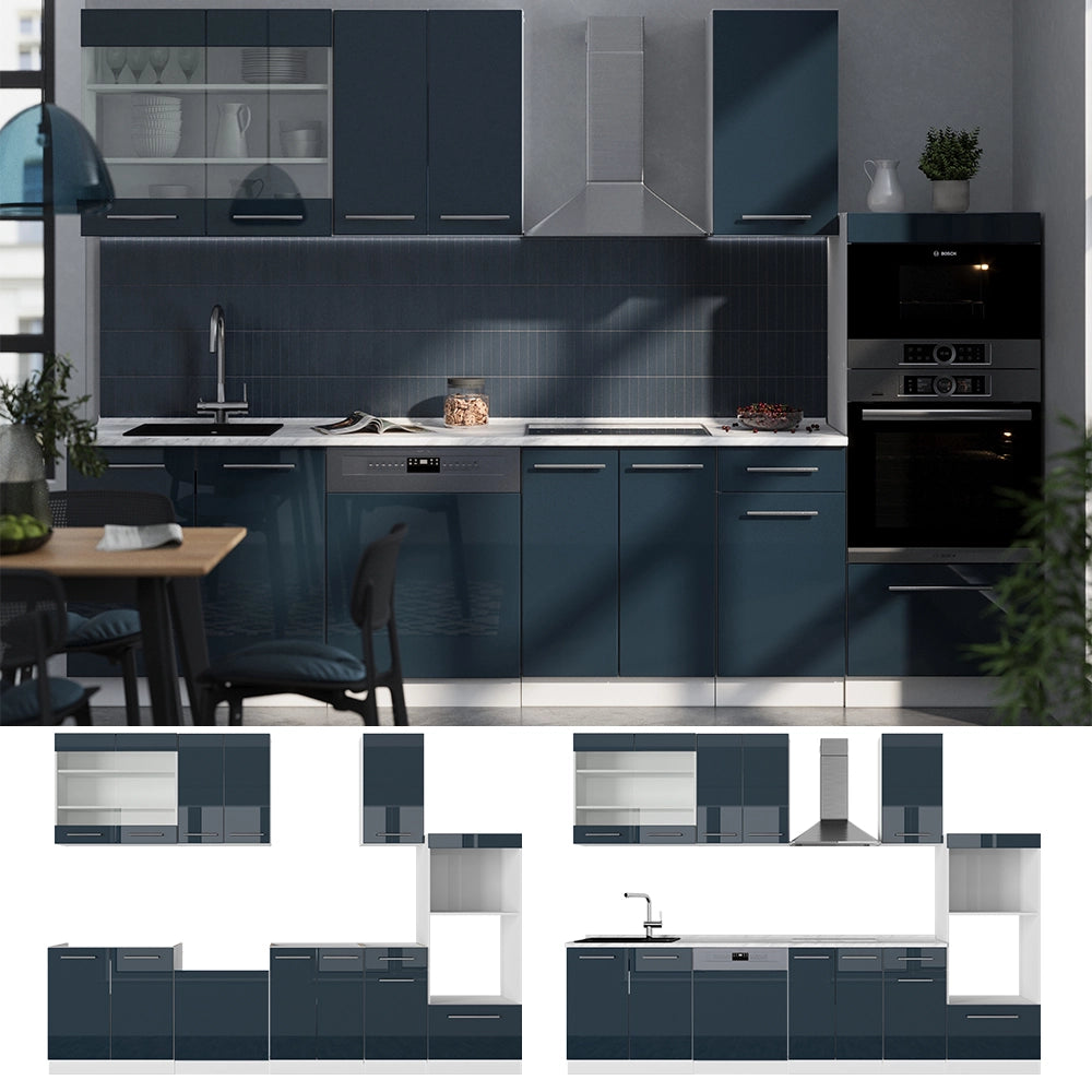 Cucina componibile Fame-Line Blu scuro lucido/Bianco 300 cm con armadio alto, PL Rovere Vicco