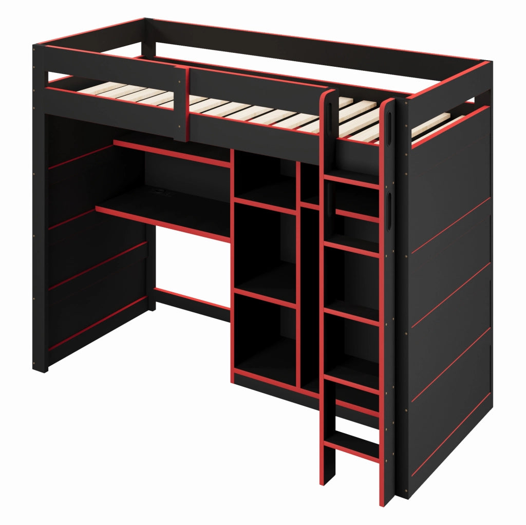 Letto a castello gaming in legno 90x200 cm con scrivania, armadio, LED e porta USB, nero e rosso
