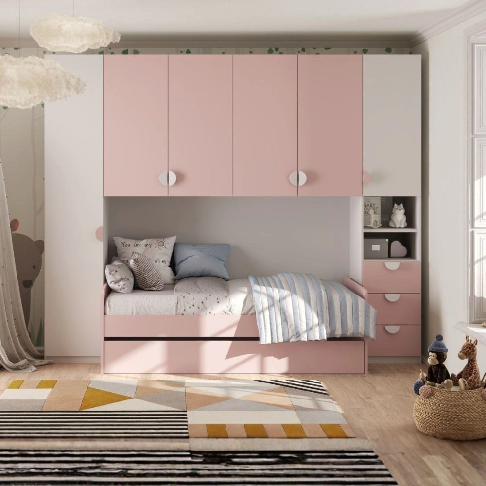 Cameretta a ponte Gilbert bianco opaco e rosa con 2 letti 293x5x240.5H