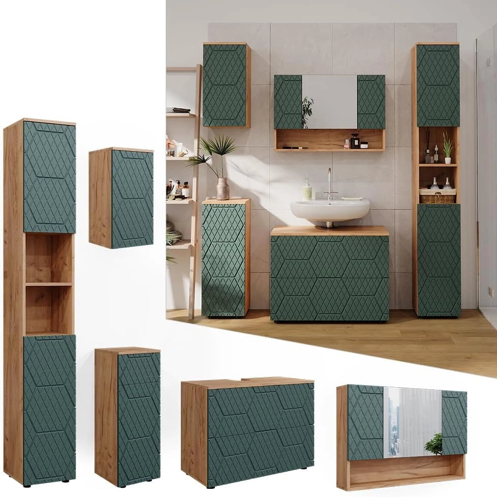 Set mobili bagno Irma, Quercia verde/oro, 5 parti