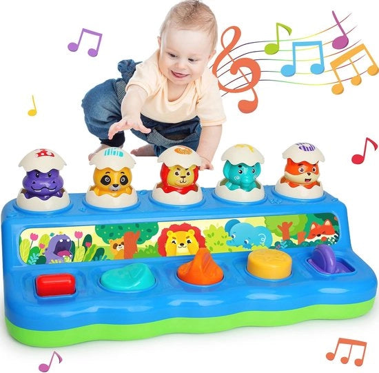 Giocattolo Montessori per Bambini di 1 Anno - Animali Pop-Up con Musica, Luce e Suoni - Educativo per il Primo Apprendimento Musicale per Bambini di 9-12-18 Mesi