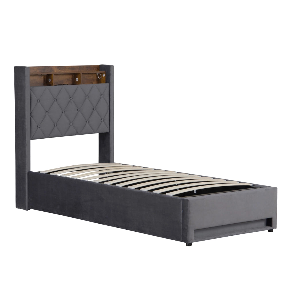 LETTO Imbottito 90 x 200 cm in Velluto Grigio con LED, USB e Contenitore