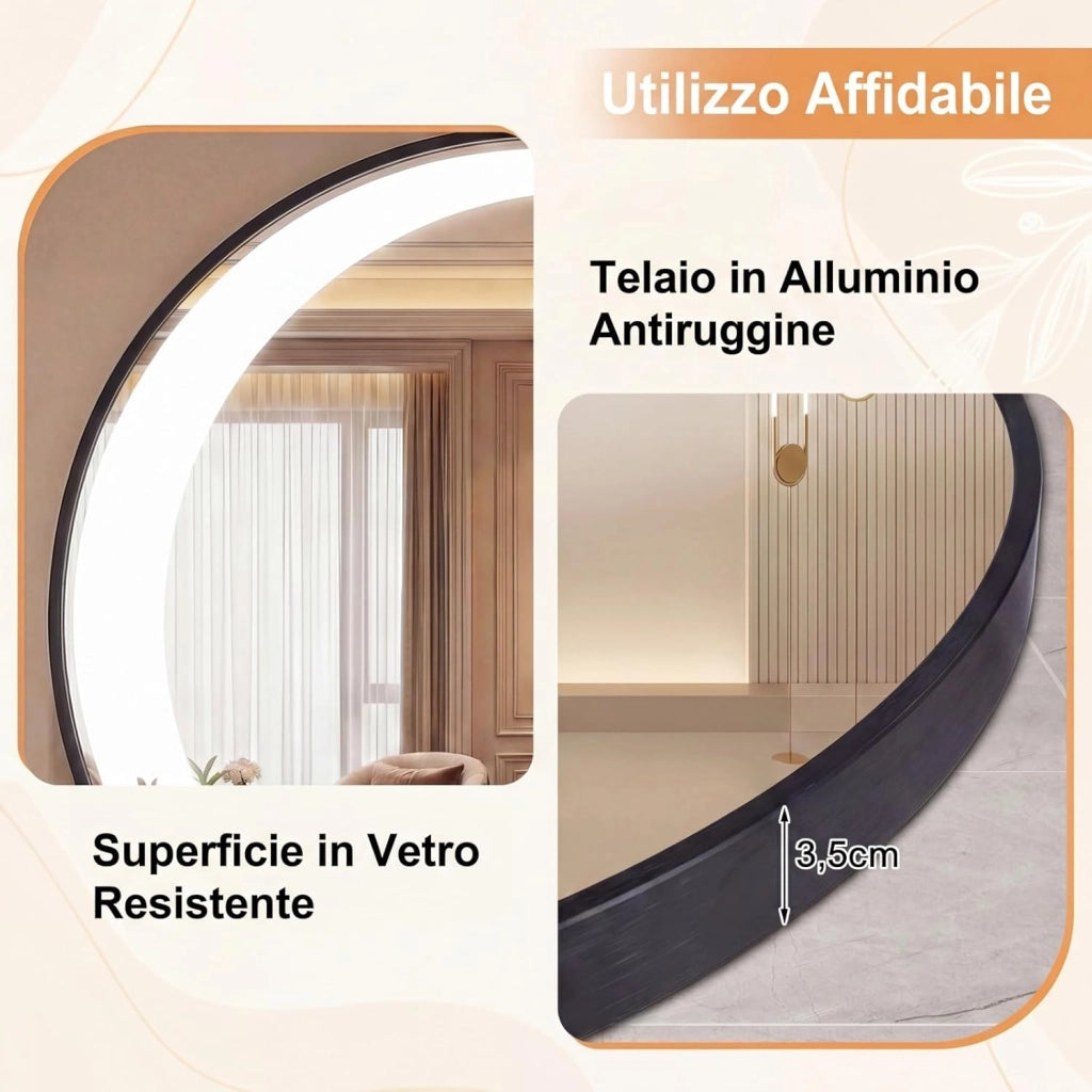 Specchio Bagno con Luce LED da 61 cm, Specchio Rotondo da Parete con Lente d'Ingrandimento 3X, Antiappannamento, 3 Colori Luce, 3000K-6500K, Luminosità Regolabile, IP44