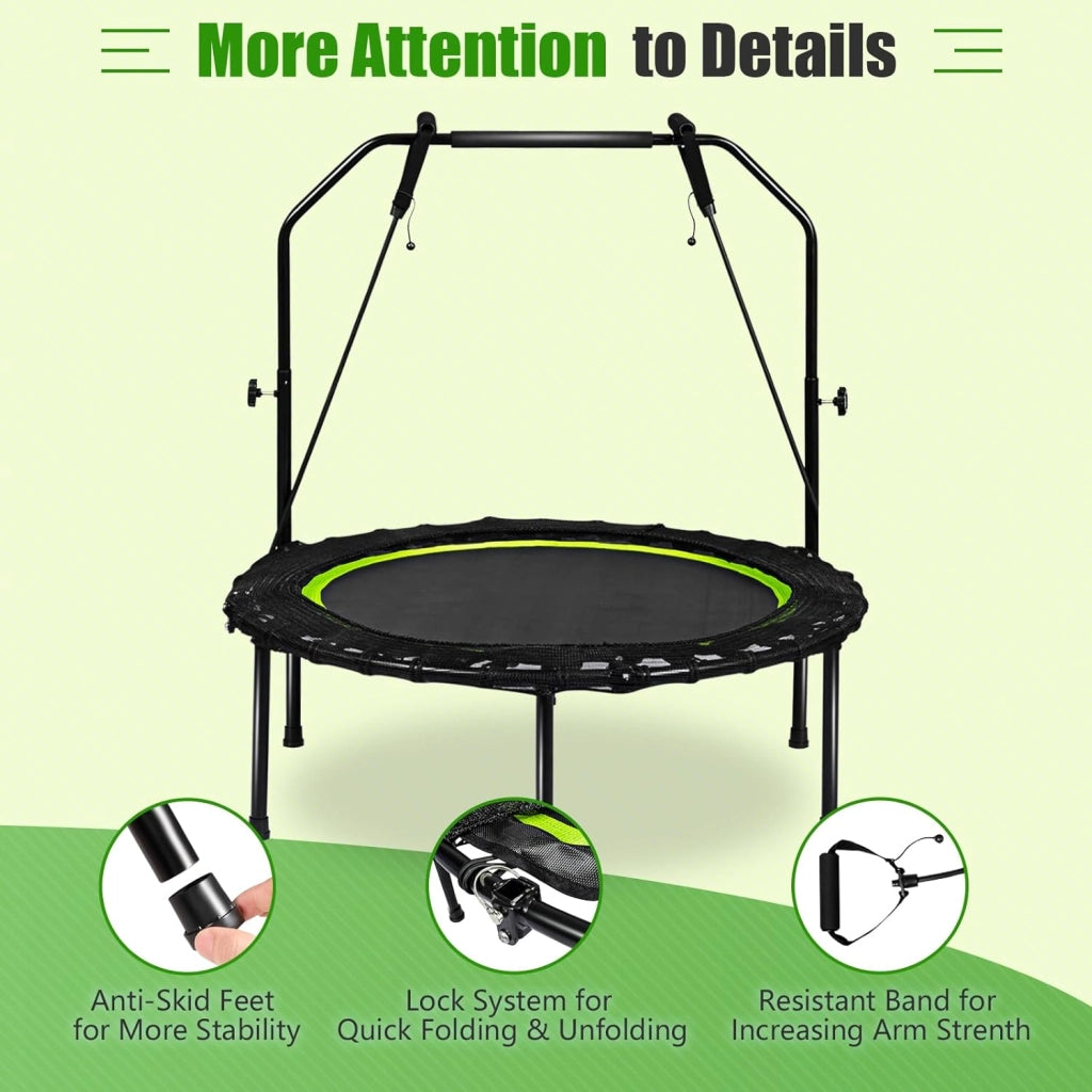 Trampolino Fitness Ø101 cm con Carico di 150 kg, Trampolino Elastico con 2 Fasce di Resistenza e Manico Regolabile in 4 Livelli, Mini Trampolino di Rimbalzo Pieghevole per Adulti e Bambini