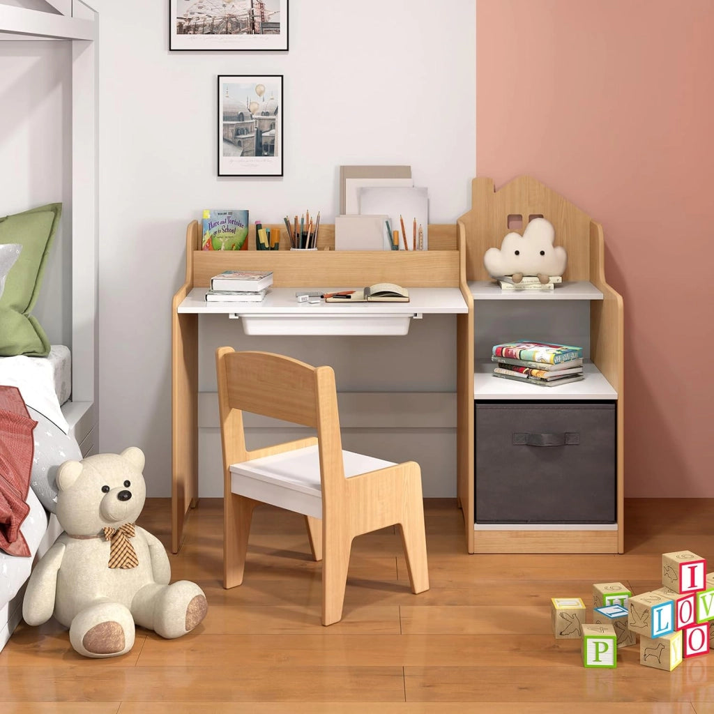 Set Scrivania e Sedia per Bambini 3-12 Anni, Tavolo e Sedia in Legno Salvaspazio con Cassetto in Plastica e Cassetto in Tessuto, Banco Scuola e Seggiola per Cameretta (Naturale)