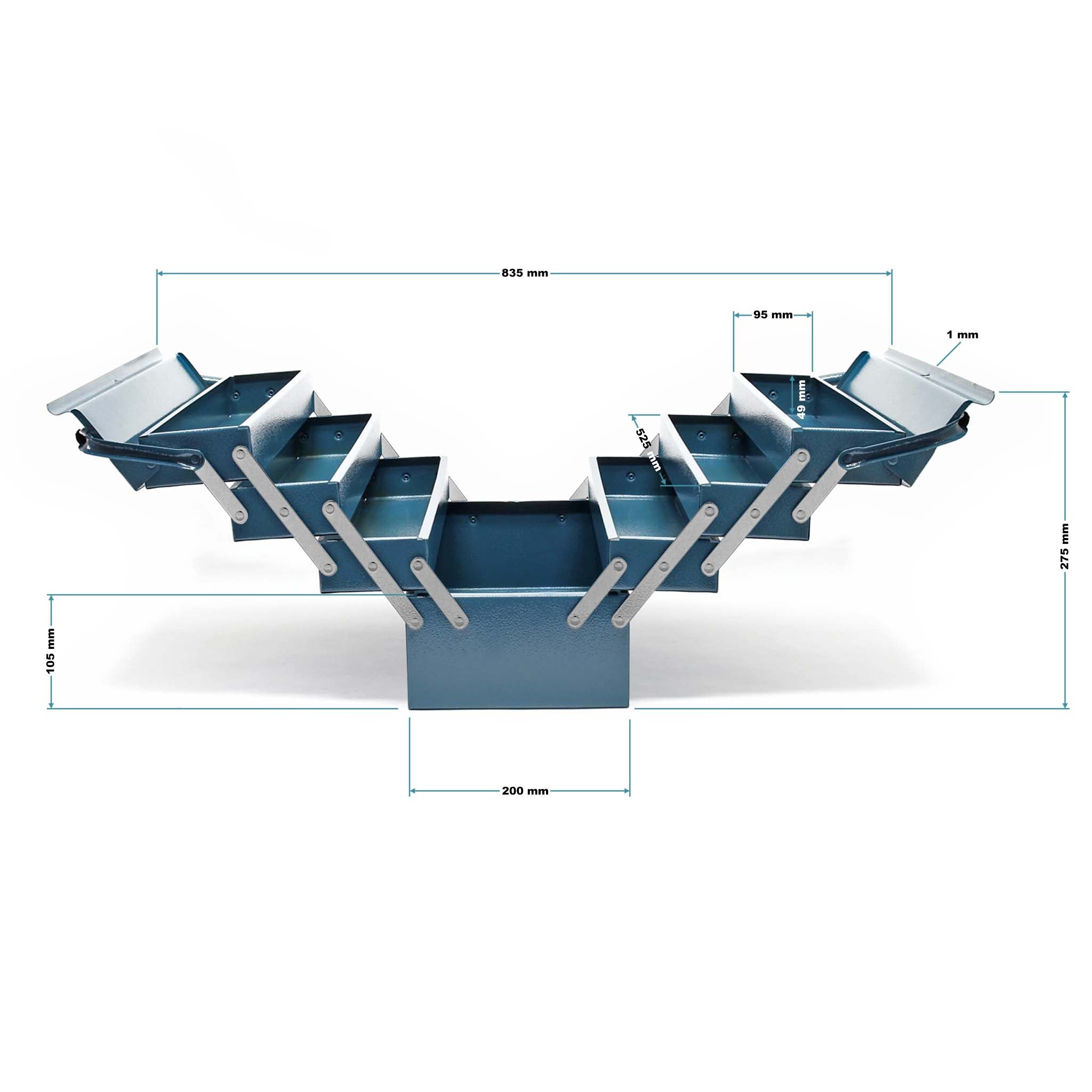 Cassetta portautensili in acciaio 530 x 200 x 250 mm con 7 scomparti e maniglia