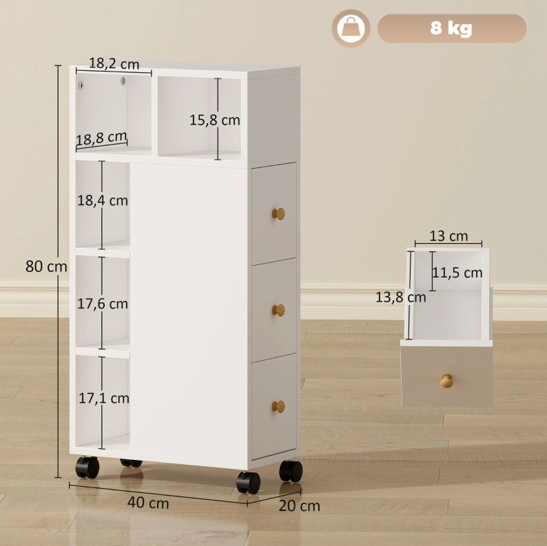 Mobile bagno stretto con ruote, 3 cassetti e 5 vani