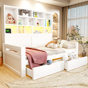 Letto multifunzione 90 x 200 cm con 2 cassetti; LED e prese; MDF bianco