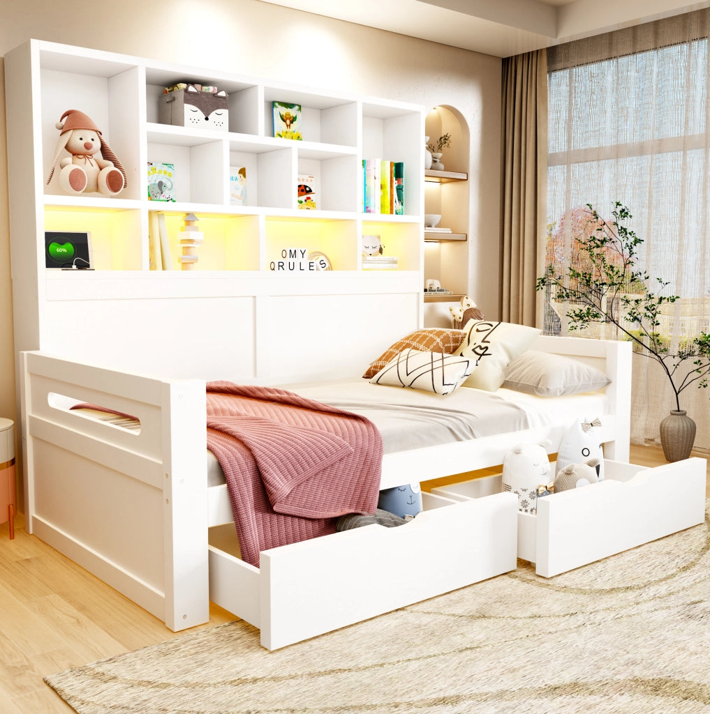 Letto multifunzione 90 x 200 cm con 2 cassetti; LED e prese; MDF bianco