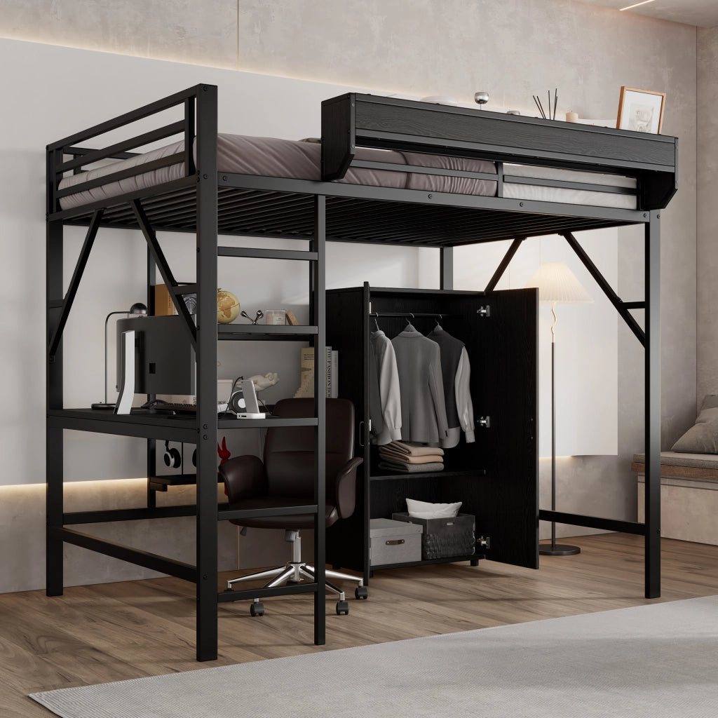 Letto a castello con scrivania e armadio 140x200 cm realizzato in MDF nero e metallo