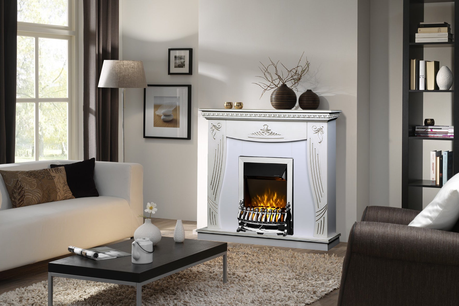 Camino Elettrico da Pavimento 103,5x110x30 cm Effetto Fiamma 2000W Napoli & Galileo Silver Bianco