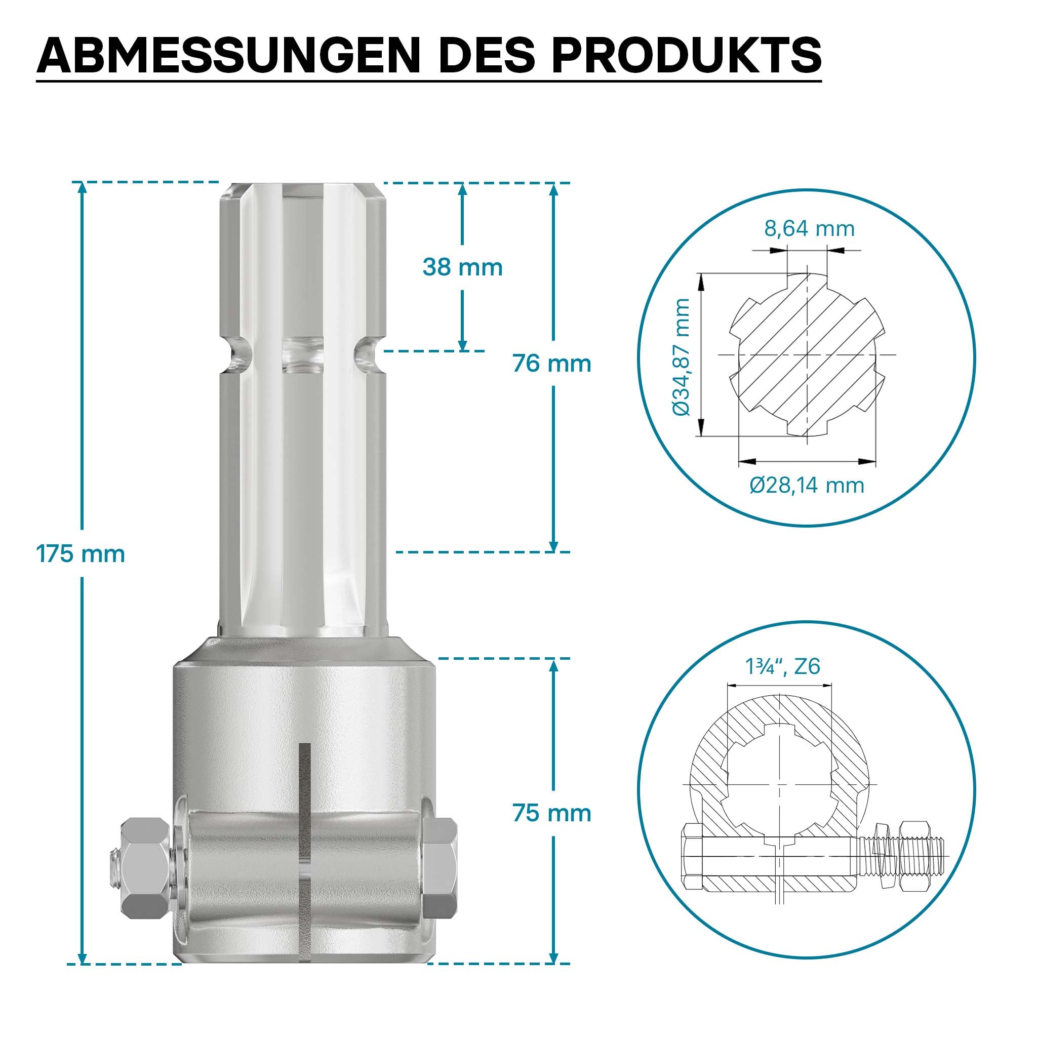 Boccola albero cardanico 175 mm Attacco albero scanalato 1 3/4" 6D Albero uscita 1 3/8" 6D Trattore