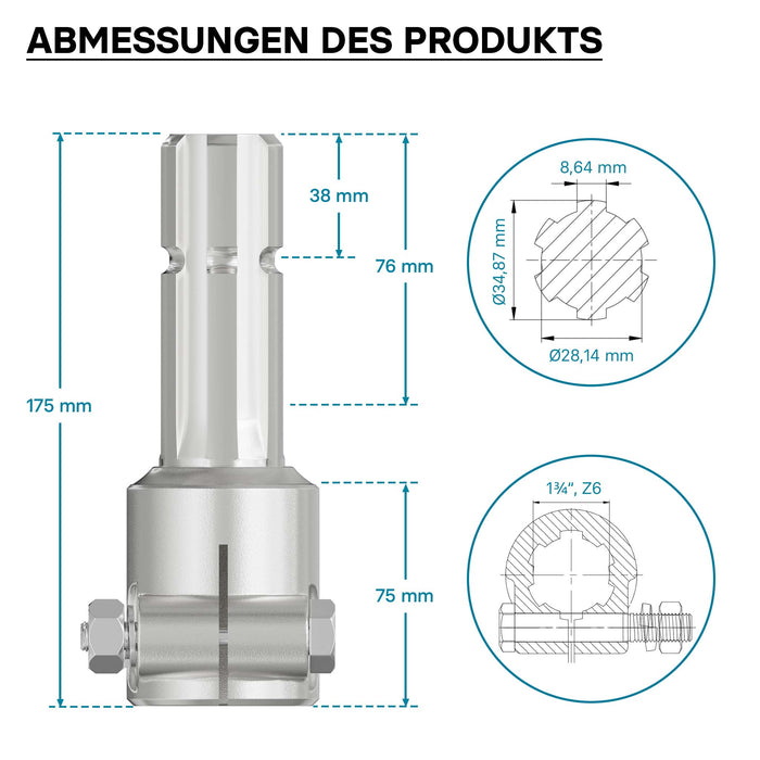 Boccola albero cardanico 175 mm Attacco albero scanalato 1 3/4" 6D Albero uscita 1 3/8" 6D Trattore