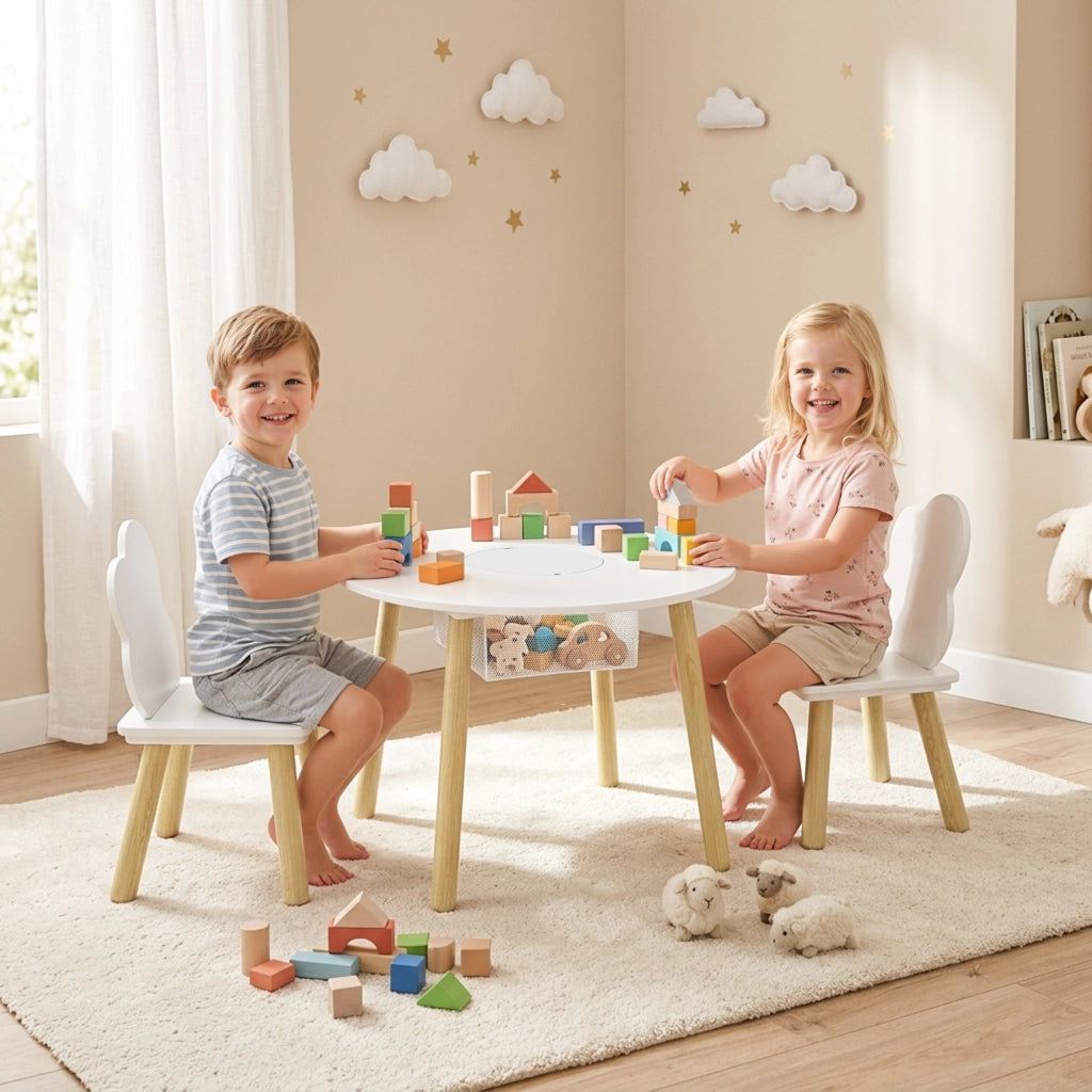 Set tavolo e sedie per bambini con contenitore ¨C Xylo ¨C Legno bianco e naturale 3 pezzi