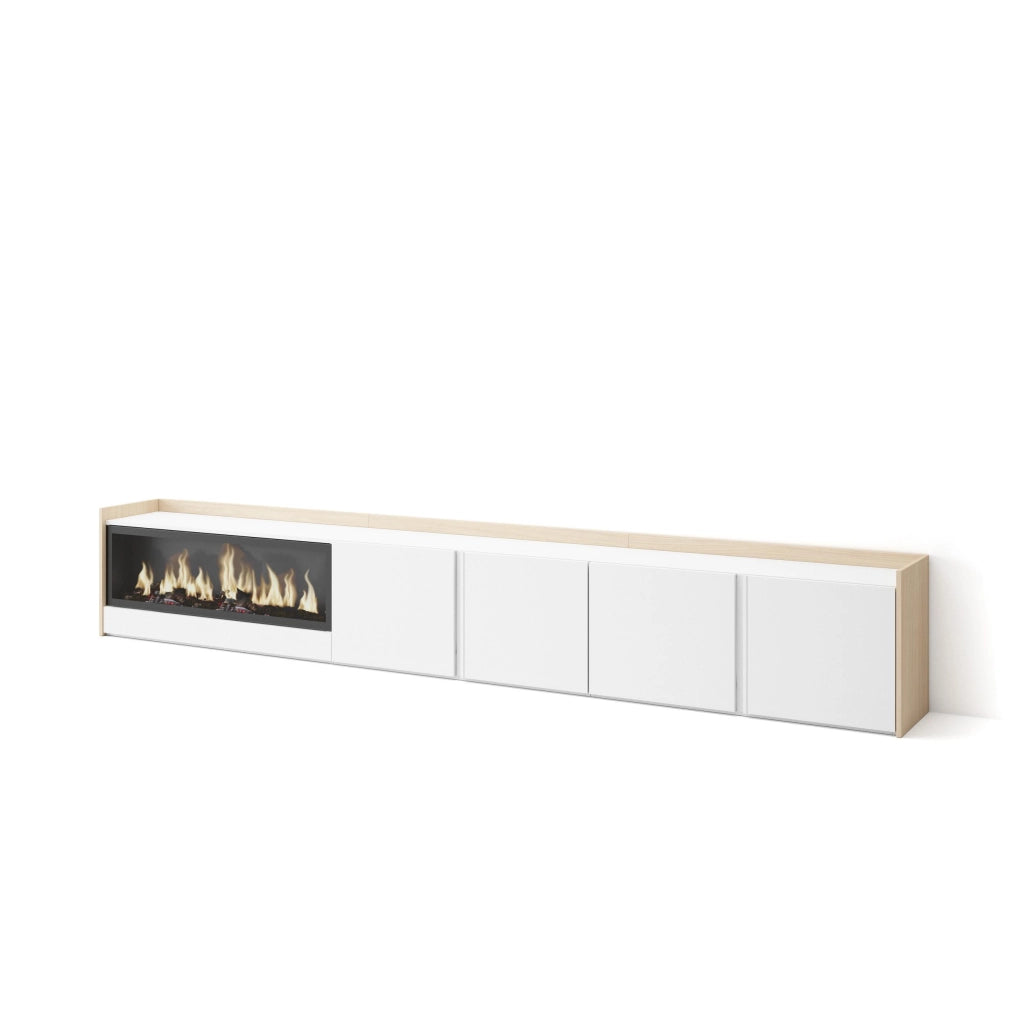 Mobile TV Soggiorno, 315x50x35 cm, Per TV fino a 80", Camino elettrico XXL, Bianco e Rovere soft