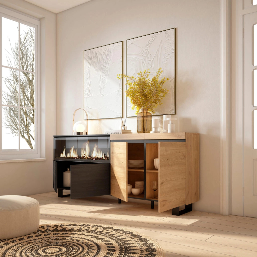 Credenza, Mobile, 208x35x87cm, 4 Porte, Camino elettrico XXL, Design industriale, colore Rovere e nero RF3222