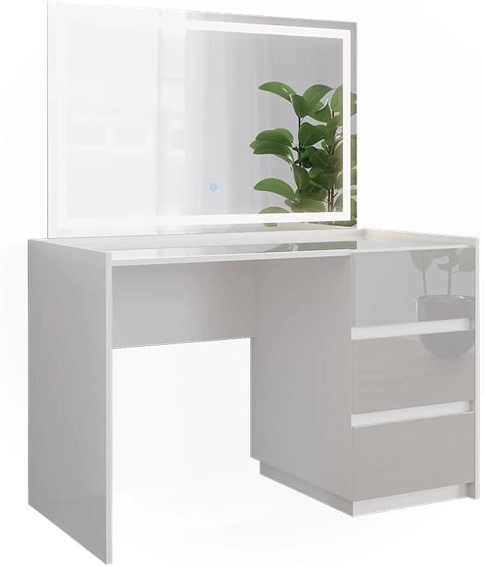 Tavolo da toilette Marla, Bianco lucido, 120 cm con specchio a LED, Ampia superficie del tavolo per trucco, gioielli e accessori per lo styling