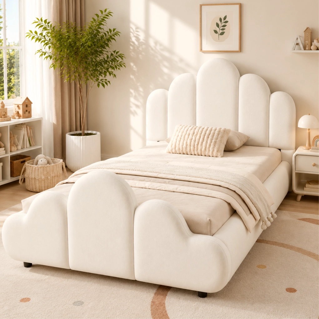 Letto singolo imbottito per bambini 90x200 cm in velluto beige con testiera arrotondata