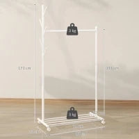 Appendiabiti con Ruote 5 Ganci Barra per Appendere e Scaffale Inferiore per Ingresso Entrata 86x43x171 cm Bianco