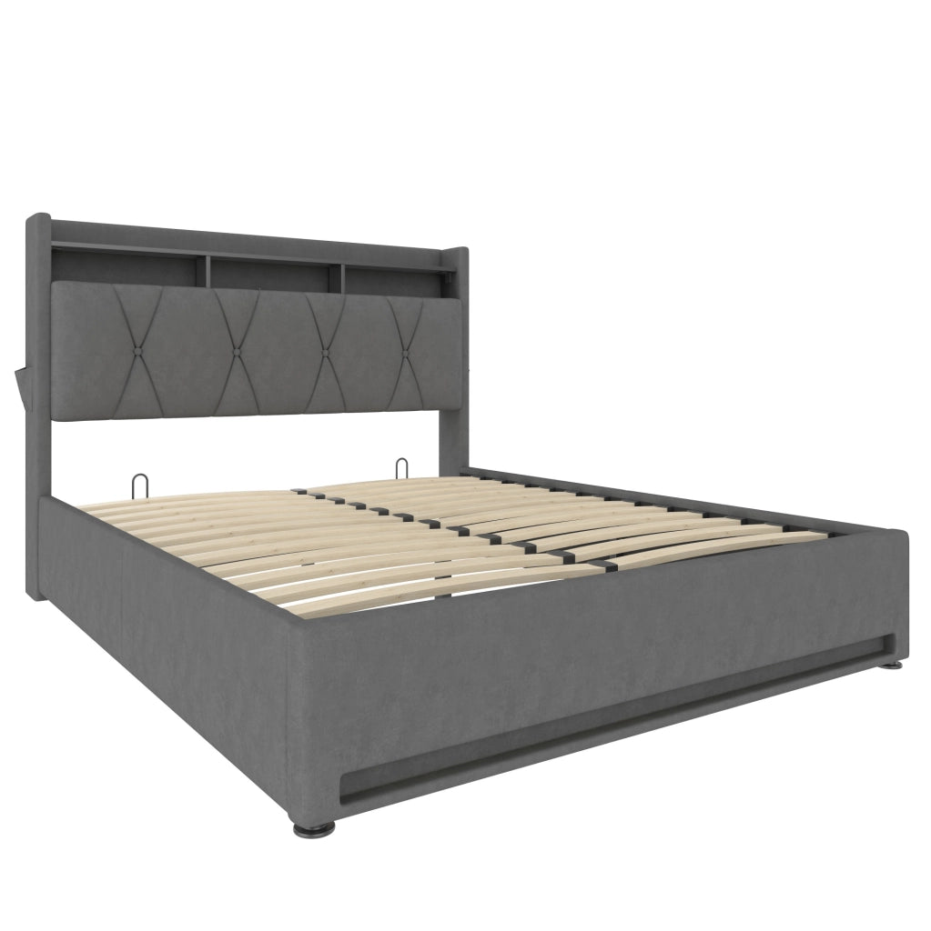 Letto imbottito 160x200 cm con LED, USB-C e vano contenitore
