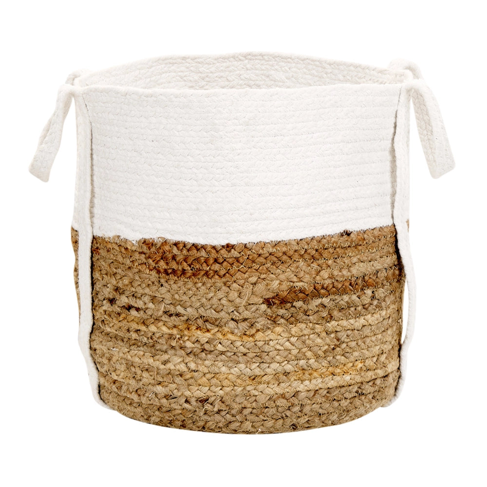 Cesto portaoggetti in juta e cotone beige e bianco Cesto portabiancheria intrecciato con manici
