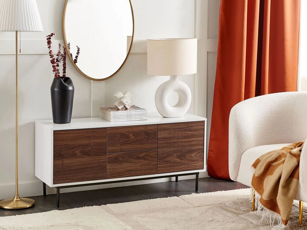 Credenza 2 ante cassetti legno scuro e bianco gambe metallo 120 x 38 cm
