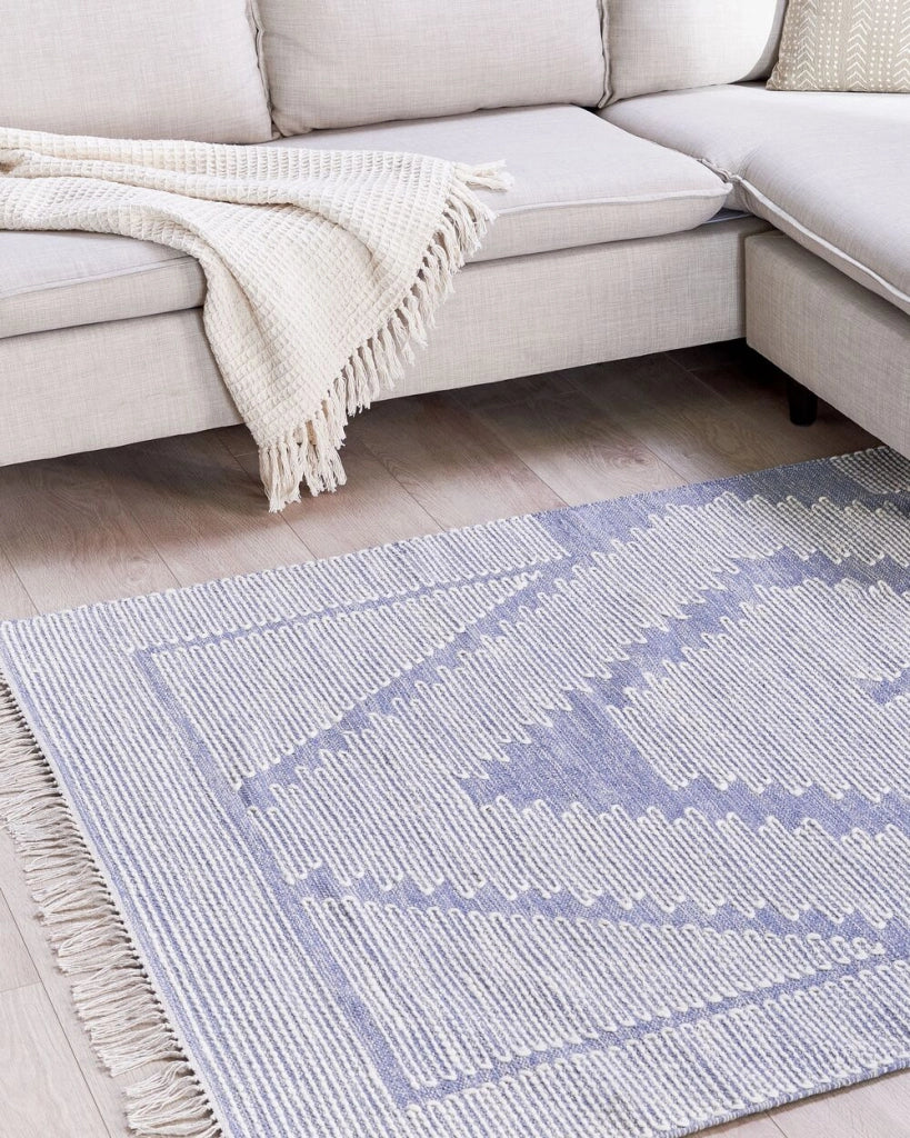 Tappeto in cotone e lana con nappe bianco blu 140 x 200 cm soggiorno camera da letto