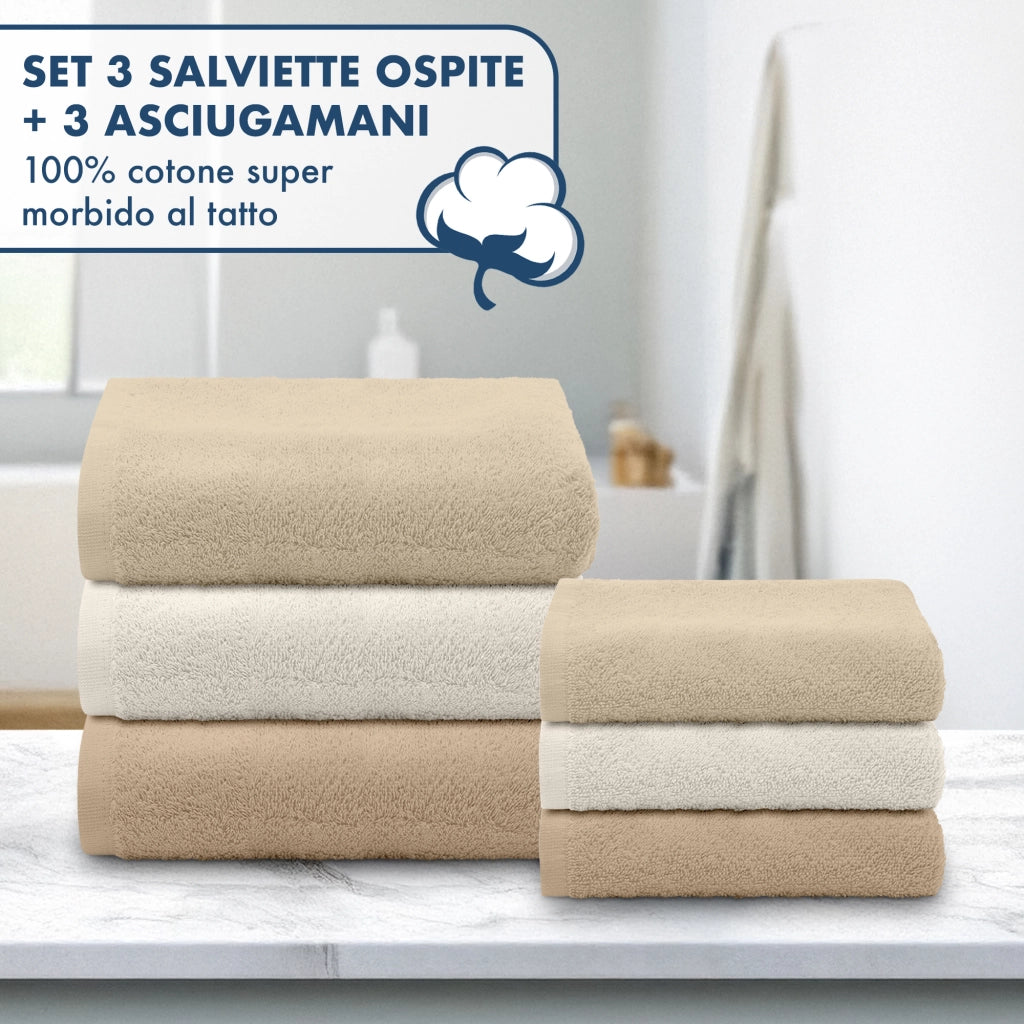Asciugamani Bagno 100% Spugna Puro Cotone 450 Gr 6 Pezzi 3 Salvietta Viso 3 Asciugamano Ospite Mani Qualità Salviette Super Morbide Bicolore Beige