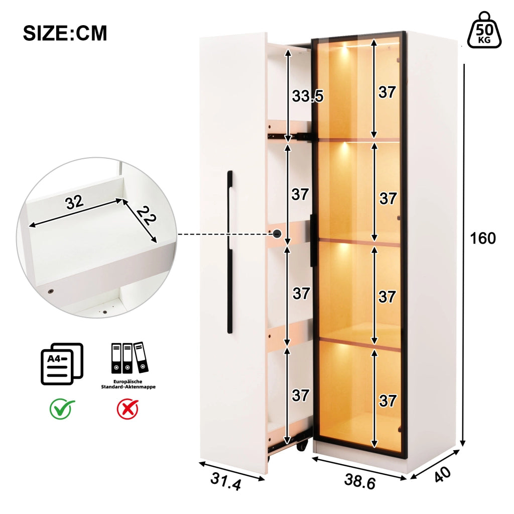 Mobile multifunzione 70x40x160 cm in MDF bianco con vetrina in vetro colorato e LED